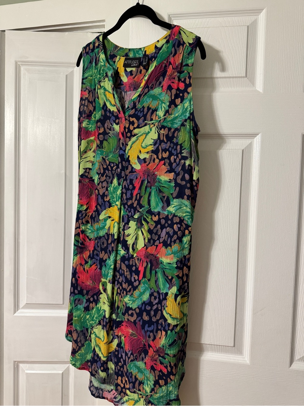 Attitudes by Renee Multicolor Tropical Print Blouse - Navy, Green, Yellow, Pink